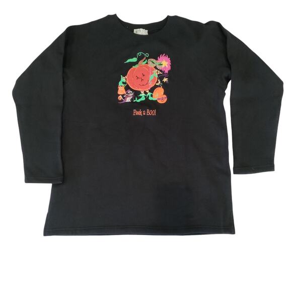 Quacker Factory Sweatshirt Women's Small "Peek a Boo!" Pumpkin Embroidered Black - Picture 1 of 12